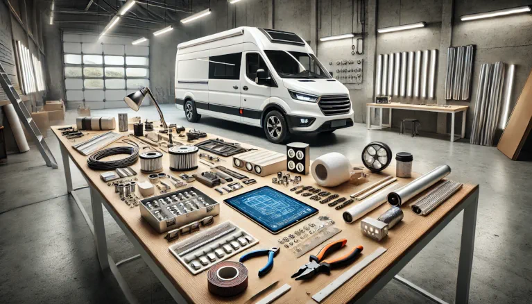 Workshop with materials and tools for camper van customization, featuring a white camper van in the background