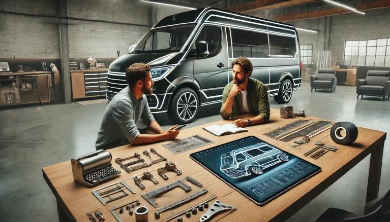 A client discussing camper van design plans with a designer in a modern workshop