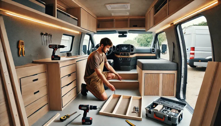 Worker assembling a camper van interior based on a design and selected materials