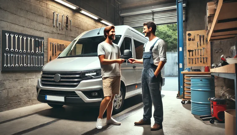 A mechanic handing over the keys to a completed camper van project to a client in a workshop